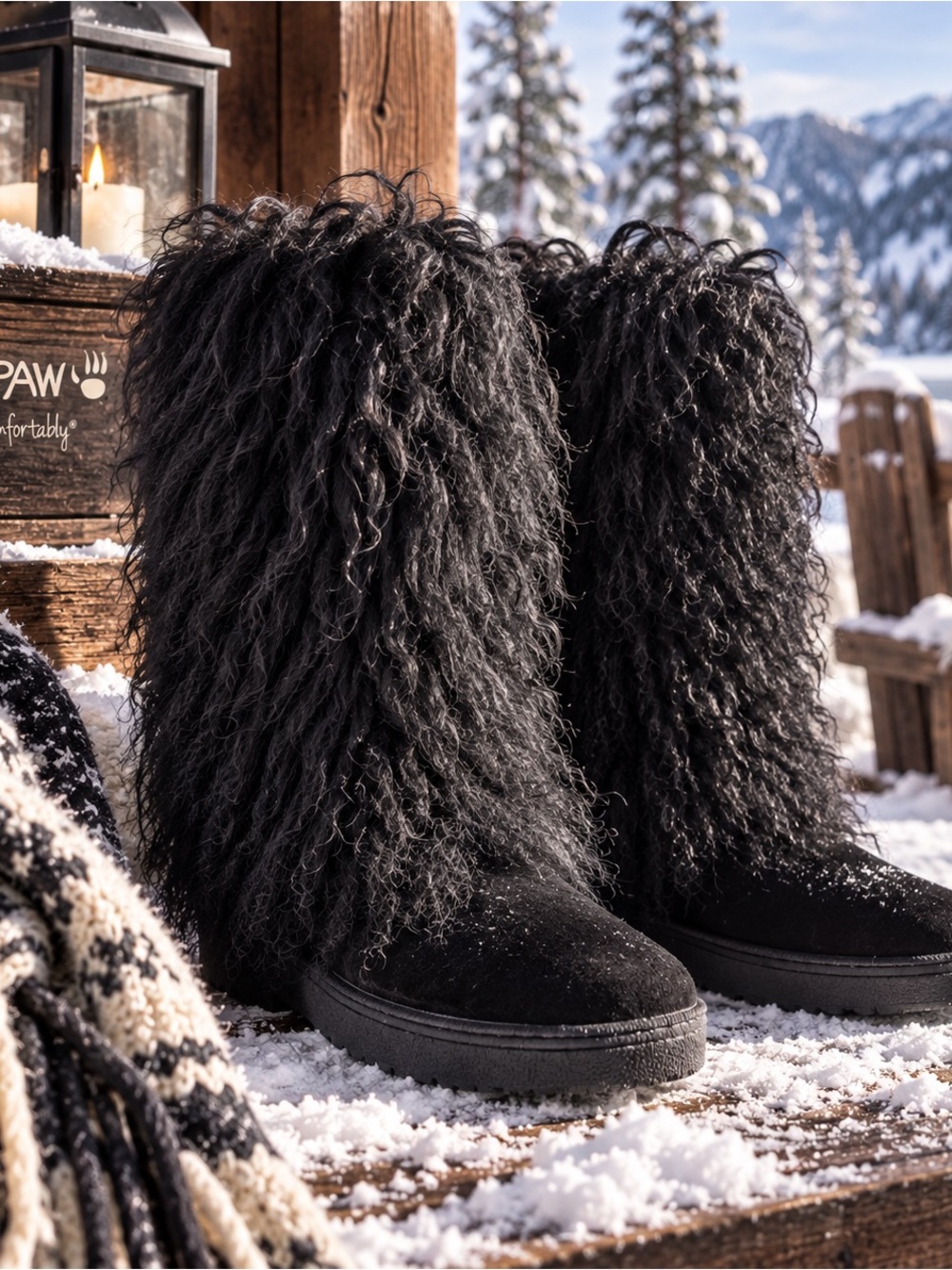 BearPaw Womens Boetis II Black Winter Boots, Sz 6, new in box, real fur